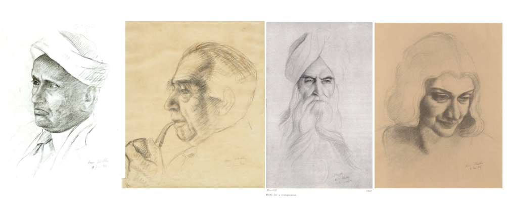 CV Raman, Niels Bohr, Shergill & Pipsy Wadia - sketches by Homi Bhabha