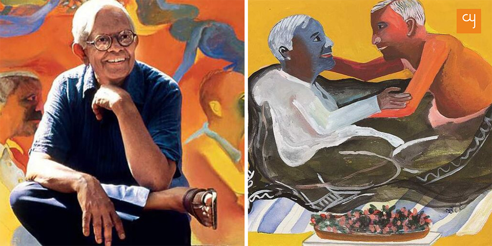 Bhupen Khakhar and his painting Grey Blanket (1998). Source: Art Mag by Deutsche Bank